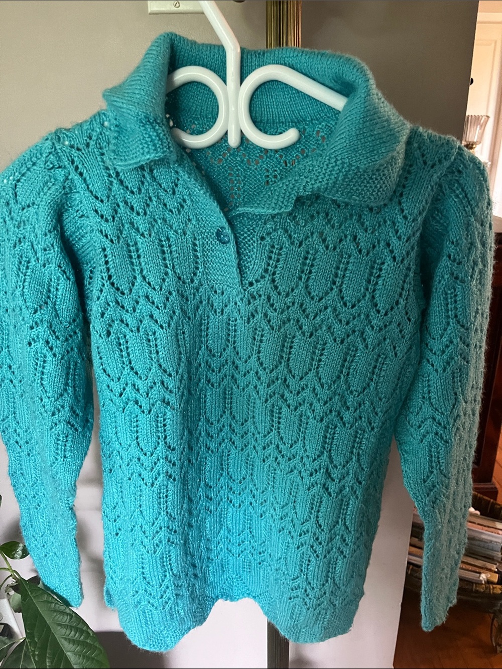 Vintage Handmade Knit Openwork Collared Women's Sweater